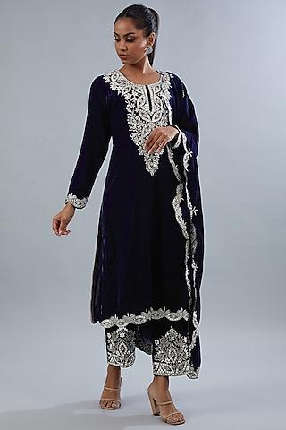 navy blue velvet mirror embellished kurta set