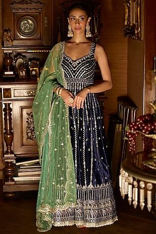 navy blue velvet sequins embroidered anarkali set