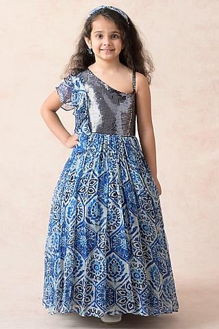 navy blue viscose & lycra floral printed one-shoulder gathered gown for girls