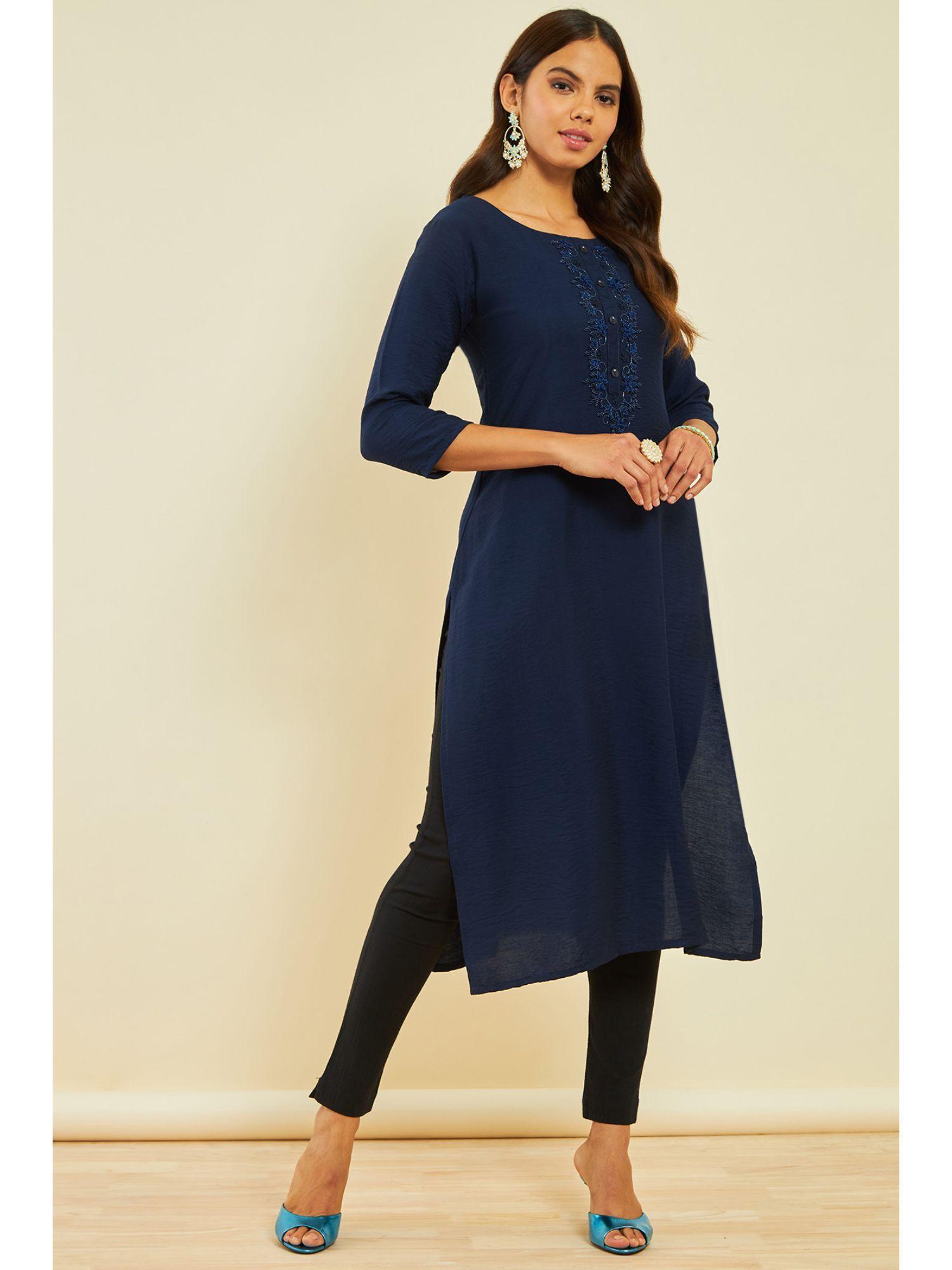 navy blue viscose blend embroidered kurta with cut dana