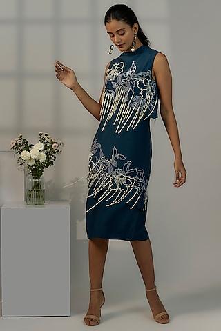 navy blue viscose crepe embroidered a-line dress