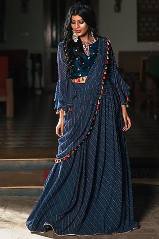 navy blue viscose georgette digital printed draped saree set