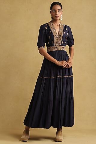 navy blue viscose silk embroidered maxi dress