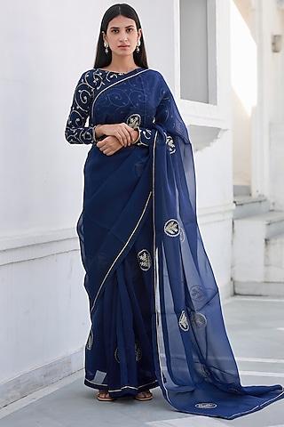navy blue viscose silk organza embroidered saree set