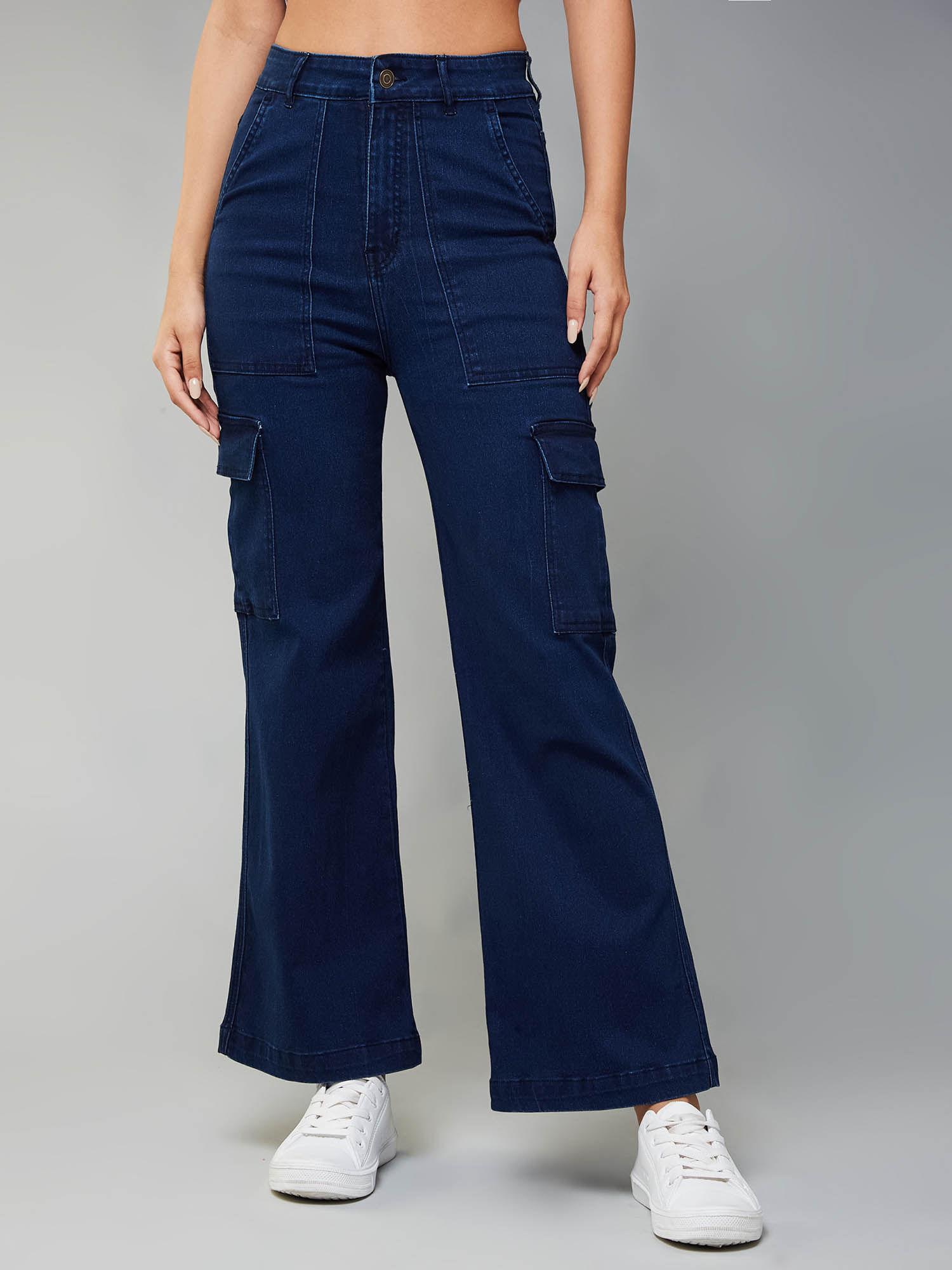navy blue wide-leg high-rise clean-look stretchable denim cargo jeans