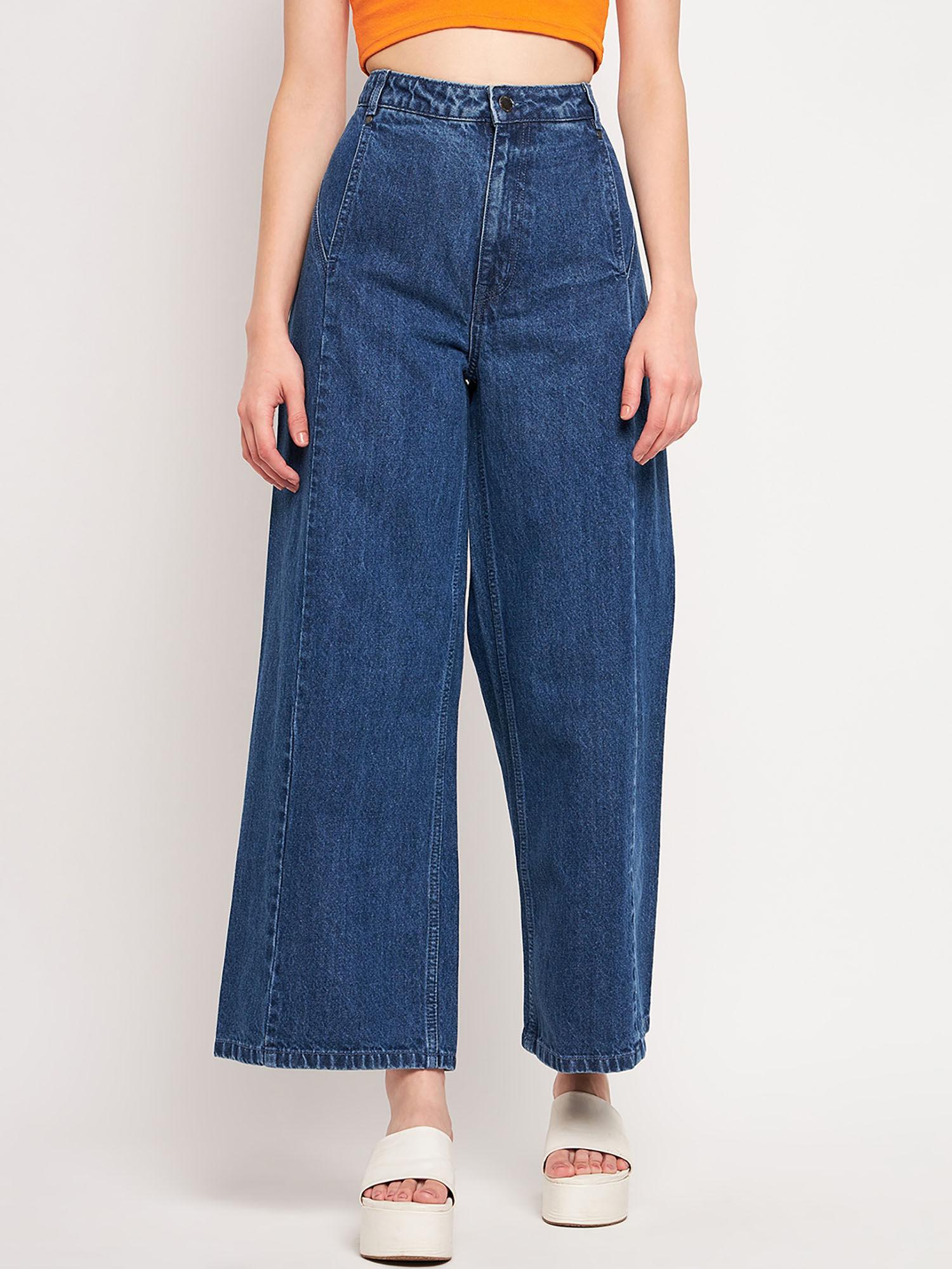 navy blue wide leg high rise jeans with stitch detailing