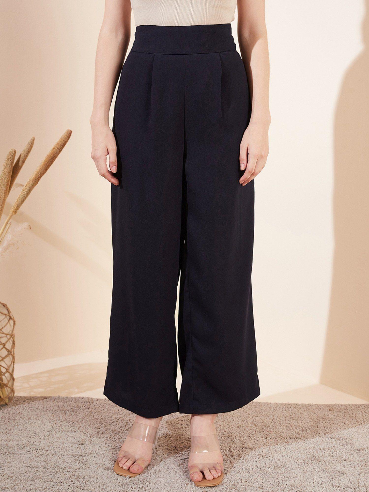 navy blue wide leg trousers