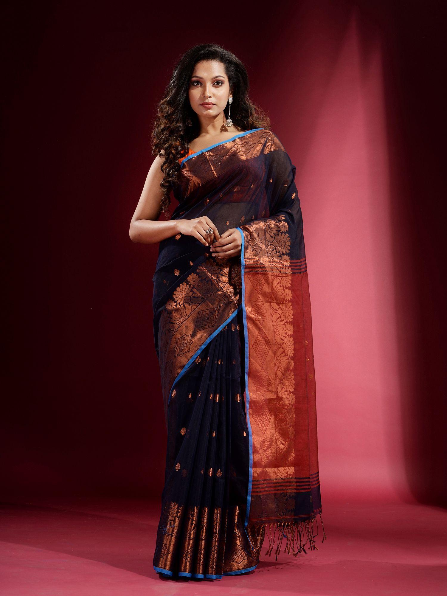 navy blue with zari design and contrast pallu saree with unstitched blouse