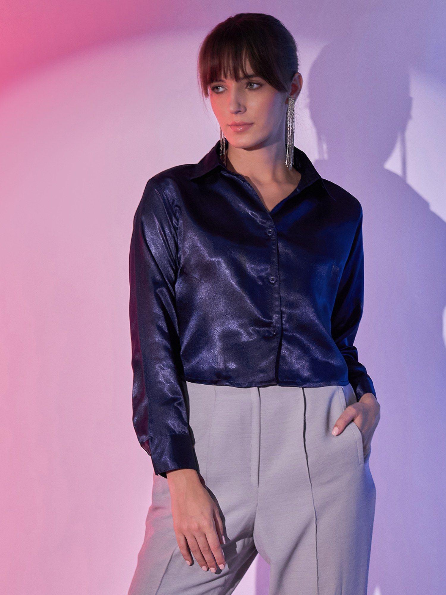 navy blue women's cropped satin shirts