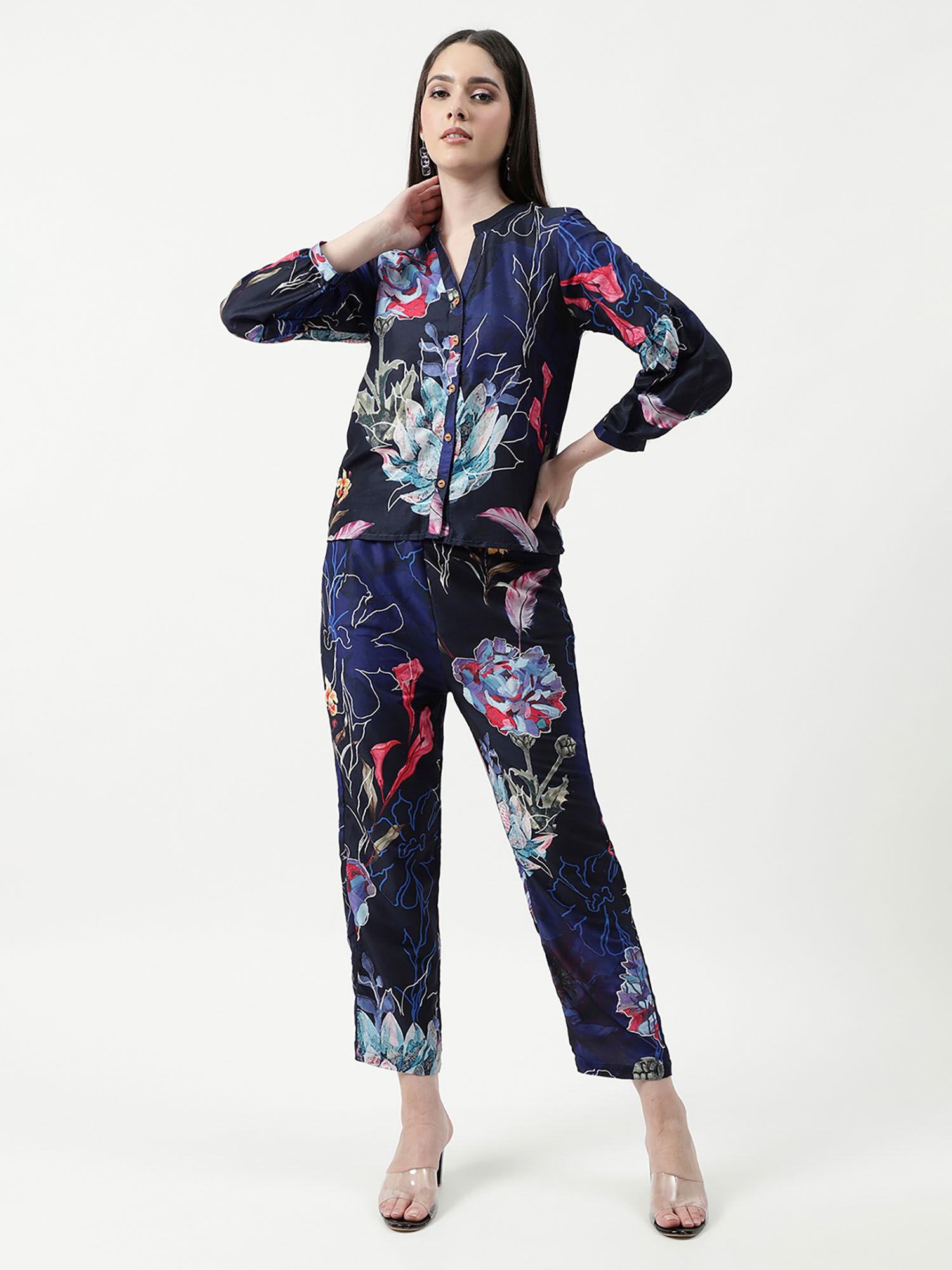 navy blue women's floral digital printed loungewear shirt with pant (set of 2)