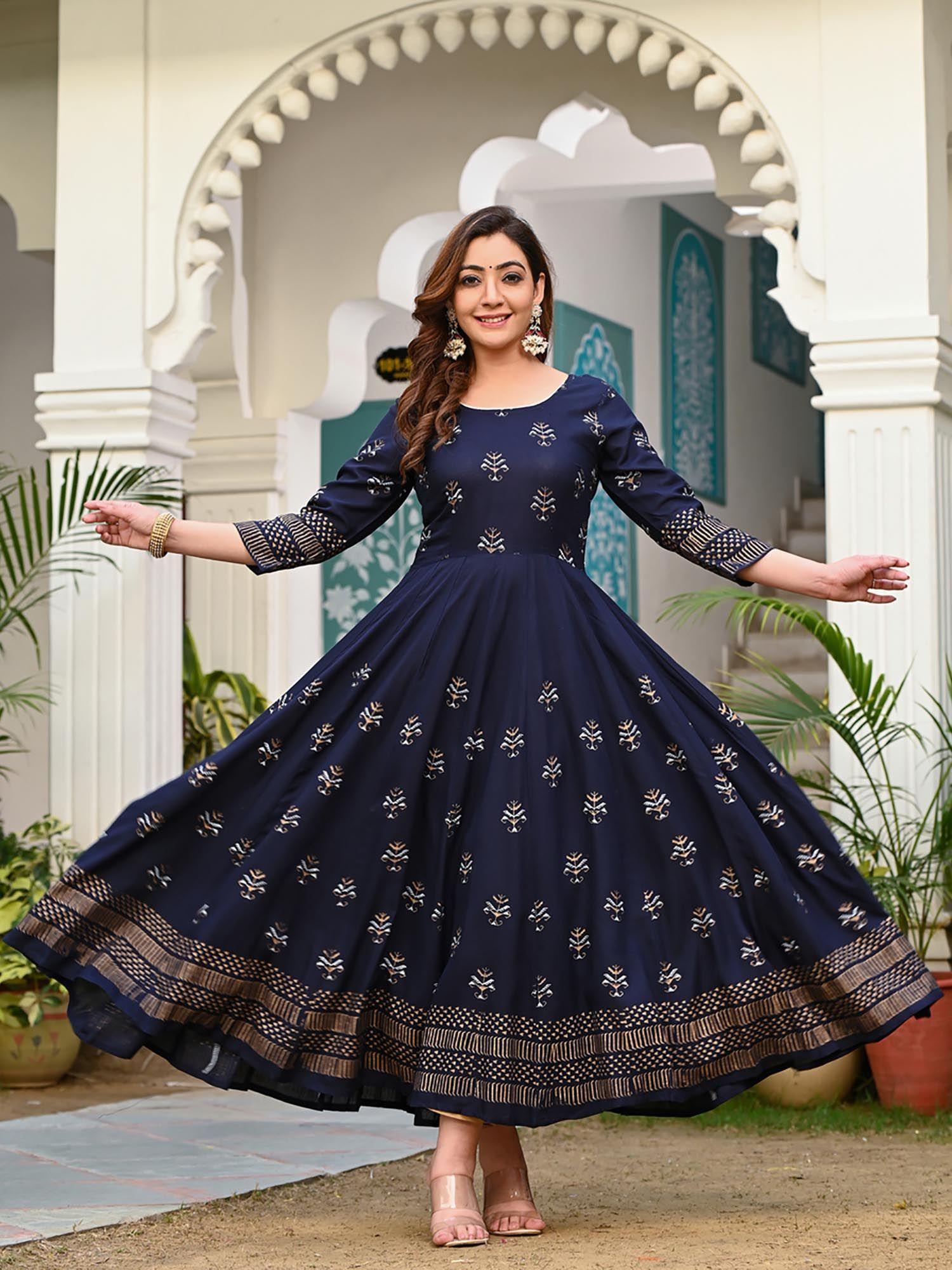 navy blue women block printed anarkali kurta