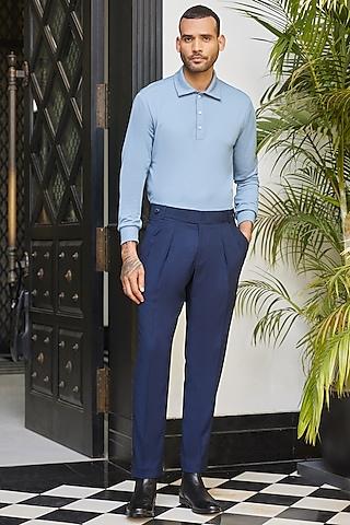 navy blue wool blend high-waisted trousers