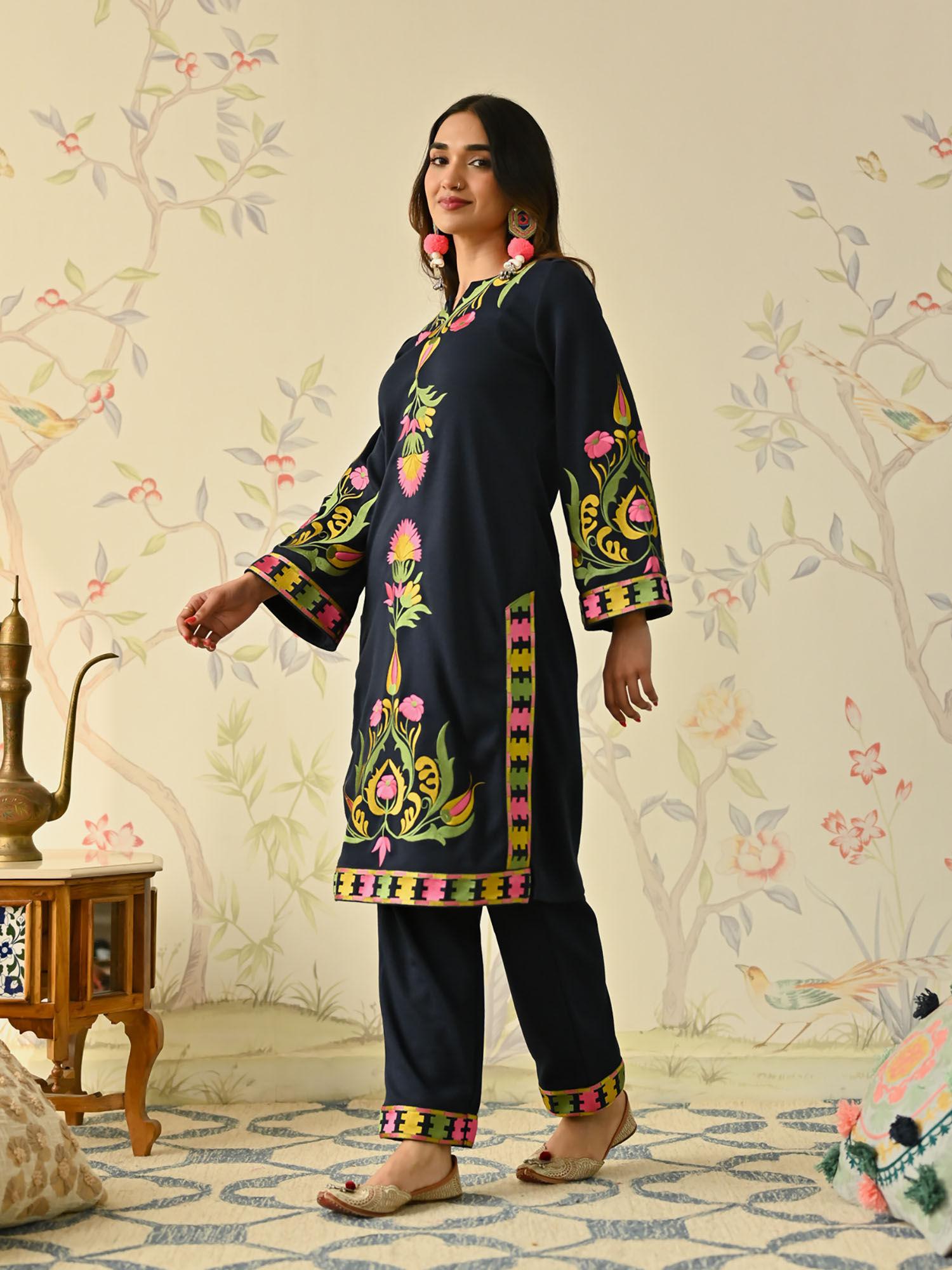 navy blue woollen aari embroidered kashmiri kurta