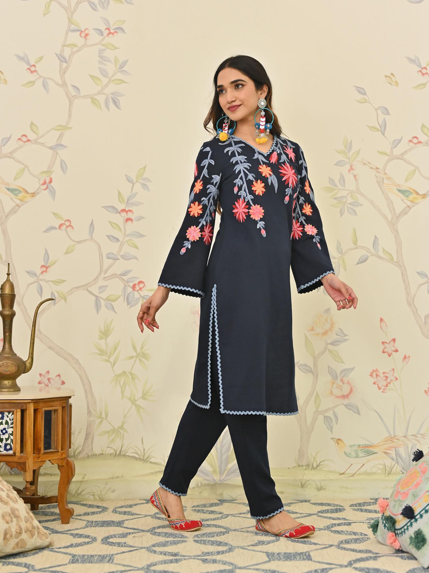 navy blue woollen aari embroidered kurta with lace detail