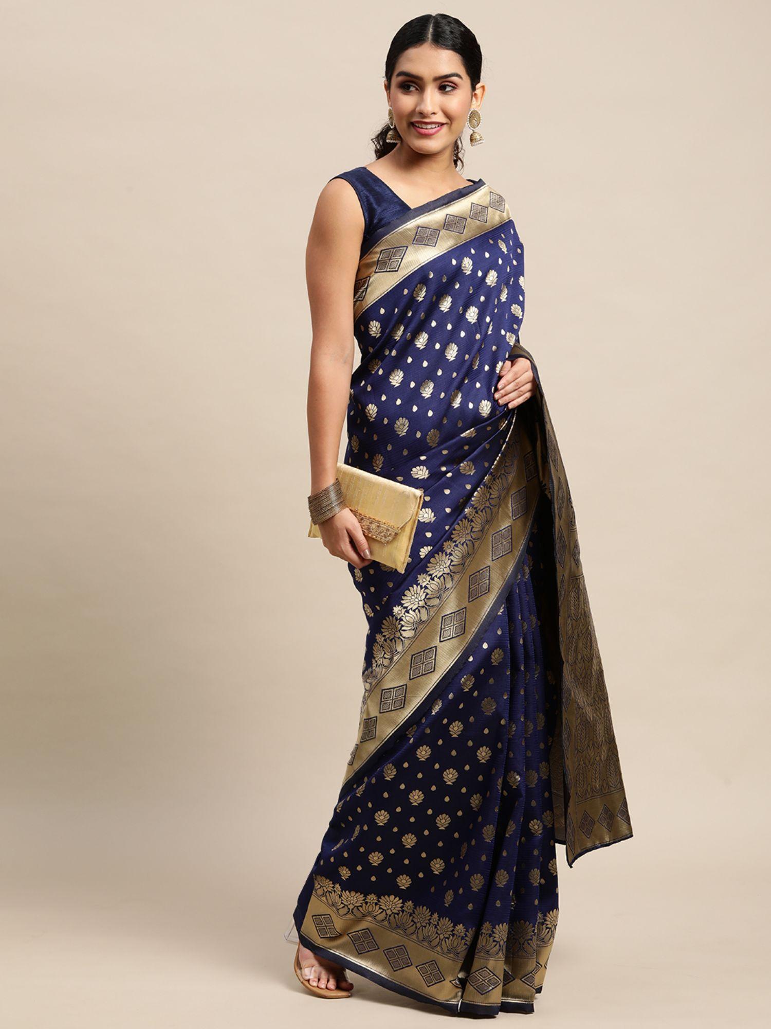 navy blue woven design kanjeevaram saree with unstitched blouse