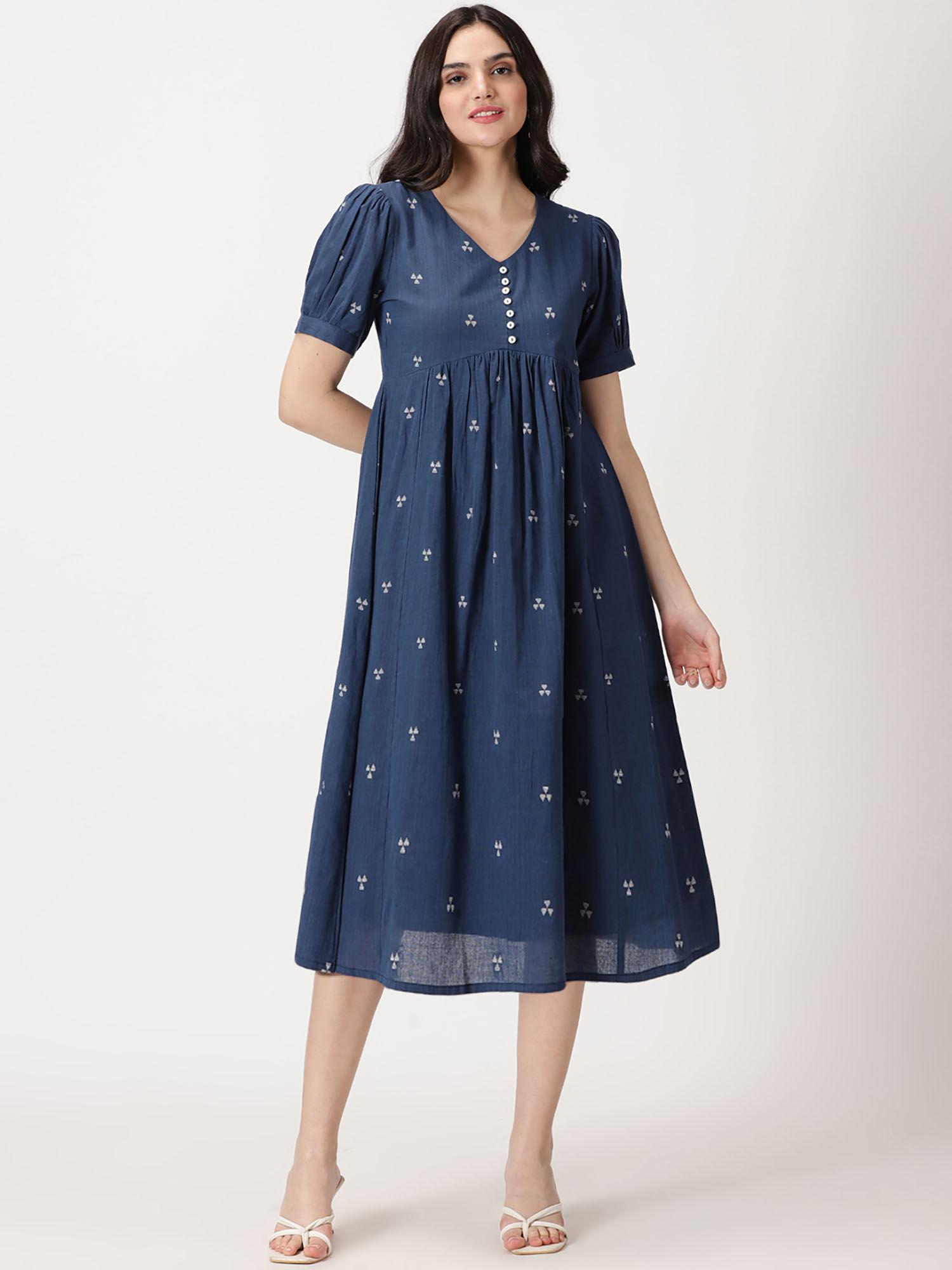 navy blue woven design midi dress