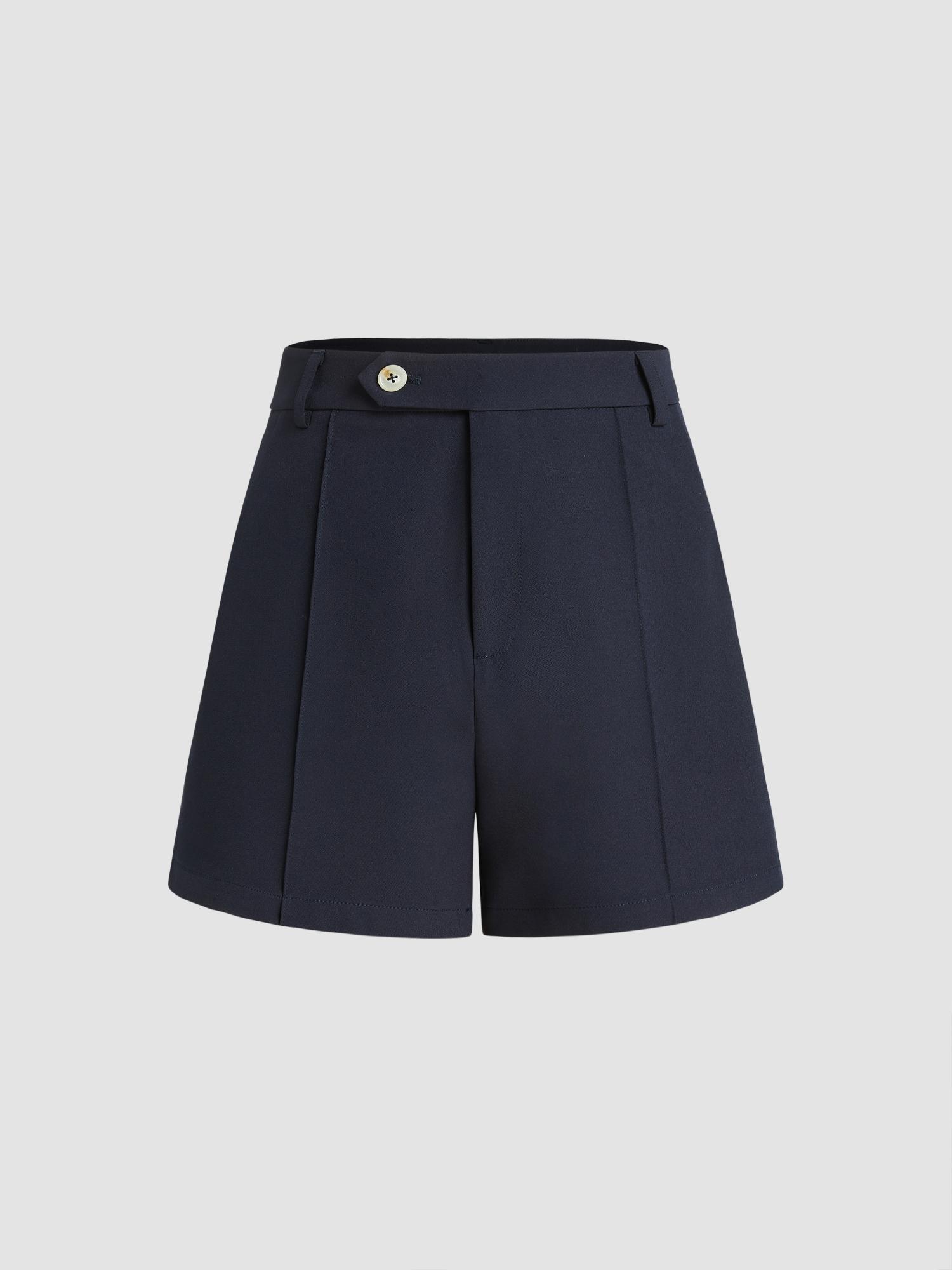 navy blue woven mid rise ruched pocket solid shorts