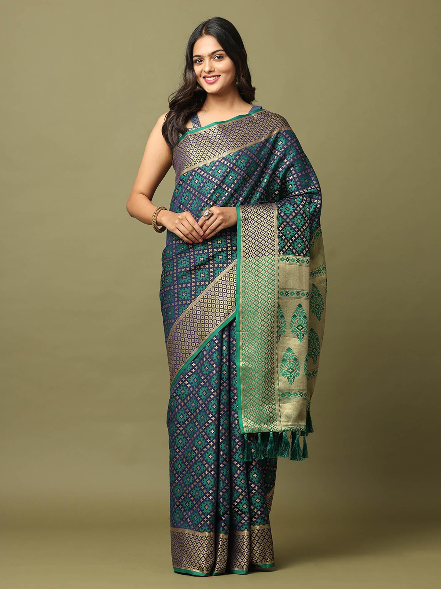 navy blue zari banarasi silk saree with unstitched blouse