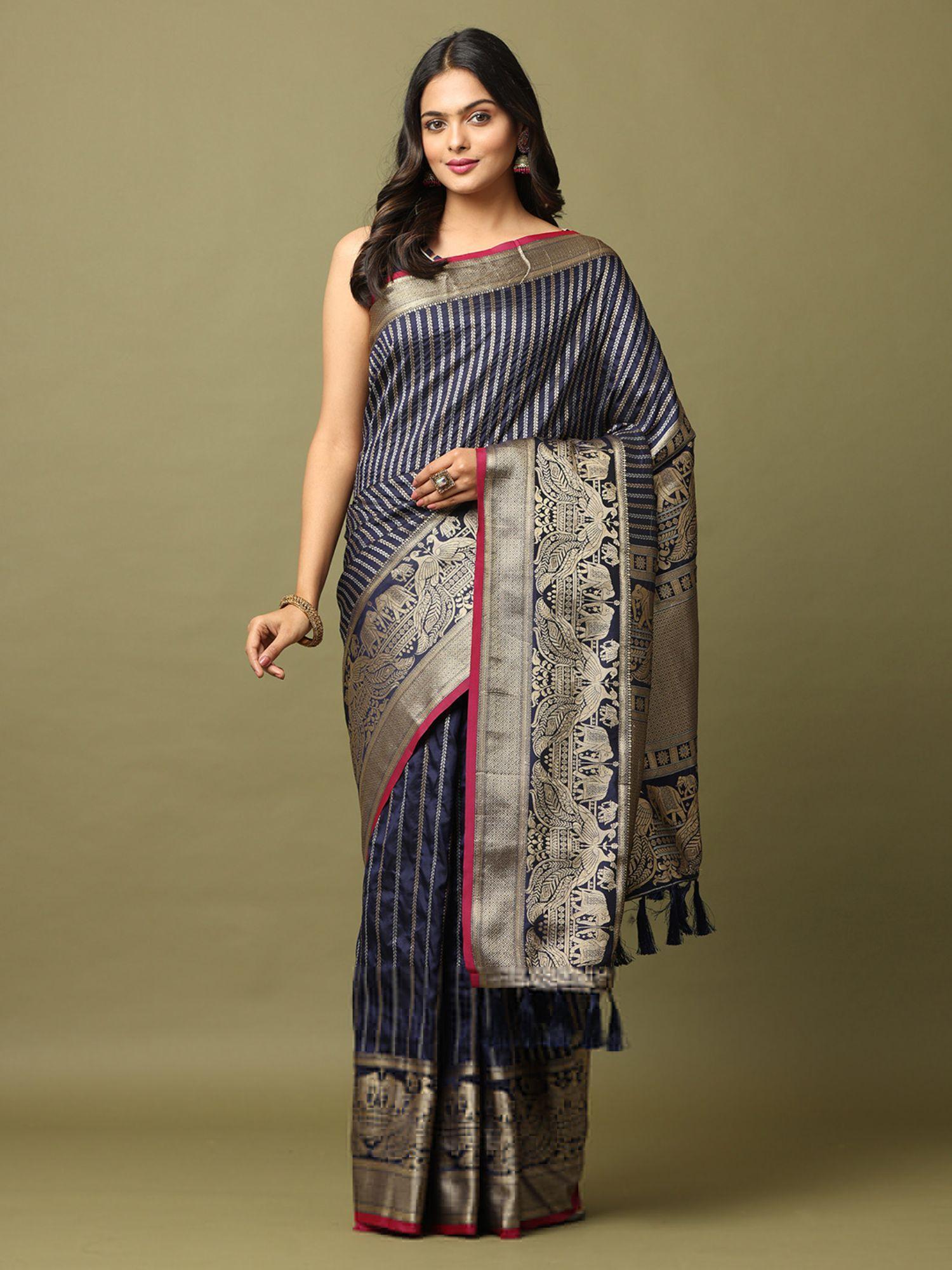 navy blue zari banarasi silk saree with unstitched blouse