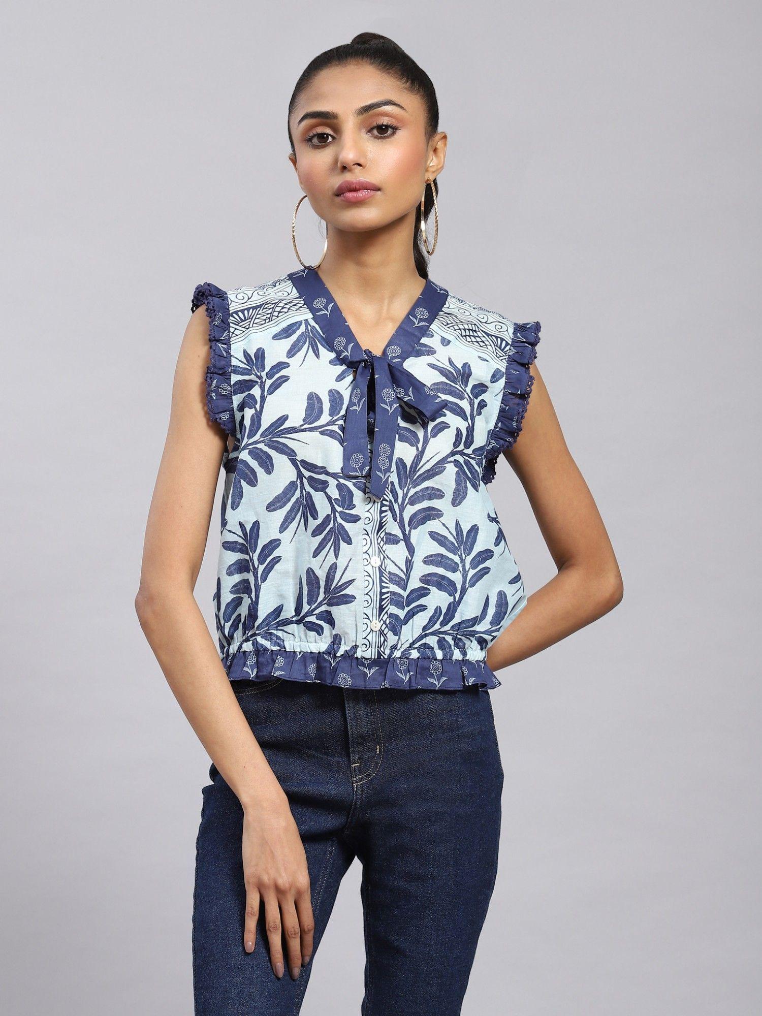 navy botanic print tie up top