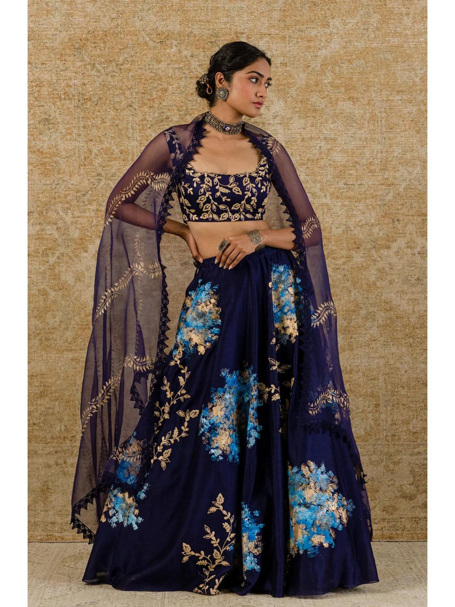 navy chanderi silk lehenga and blouse with dupatta (set of 3)