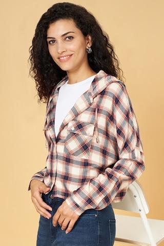 navy check casual full sleeves regular hood women slim fit  shirt