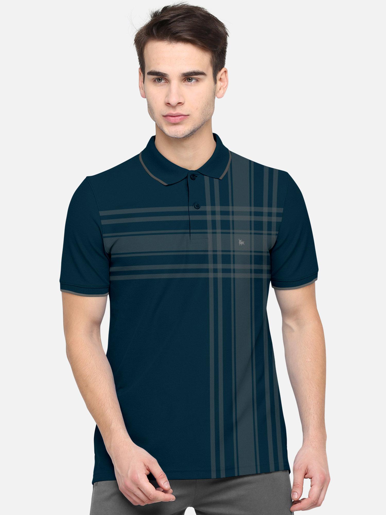 navy checked printed polo neck half sleeve t-shirts for men