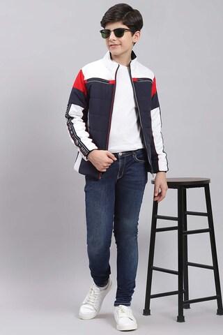 navy color block casual full sleeves high neck boys smart fit jacket