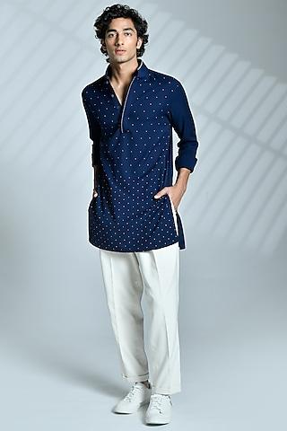 navy cotton & terylene embroidered kurta