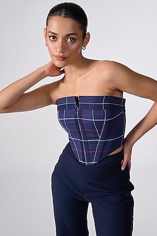 navy cotton checkered printed corset top