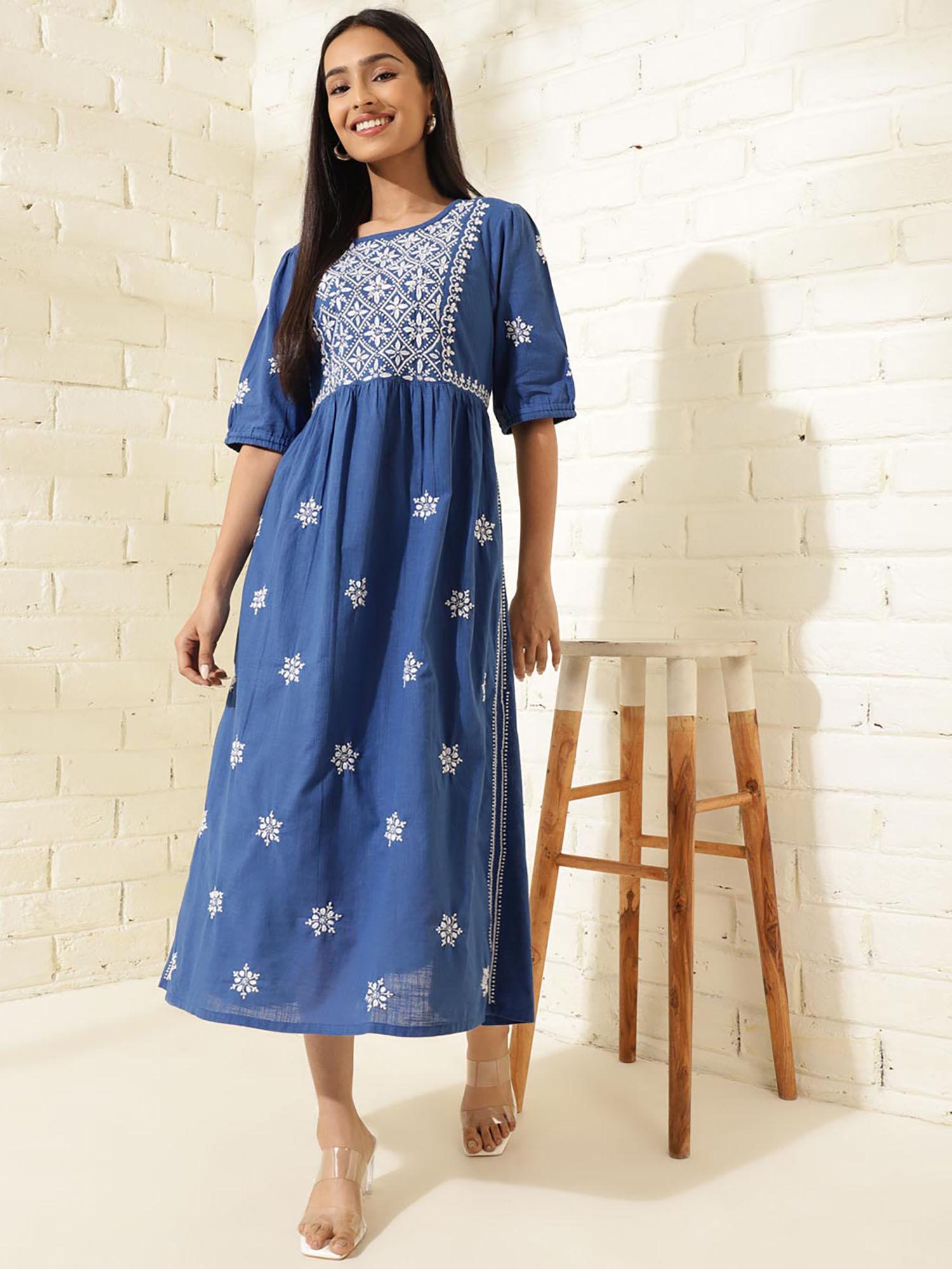 navy cotton chikankari midi dress