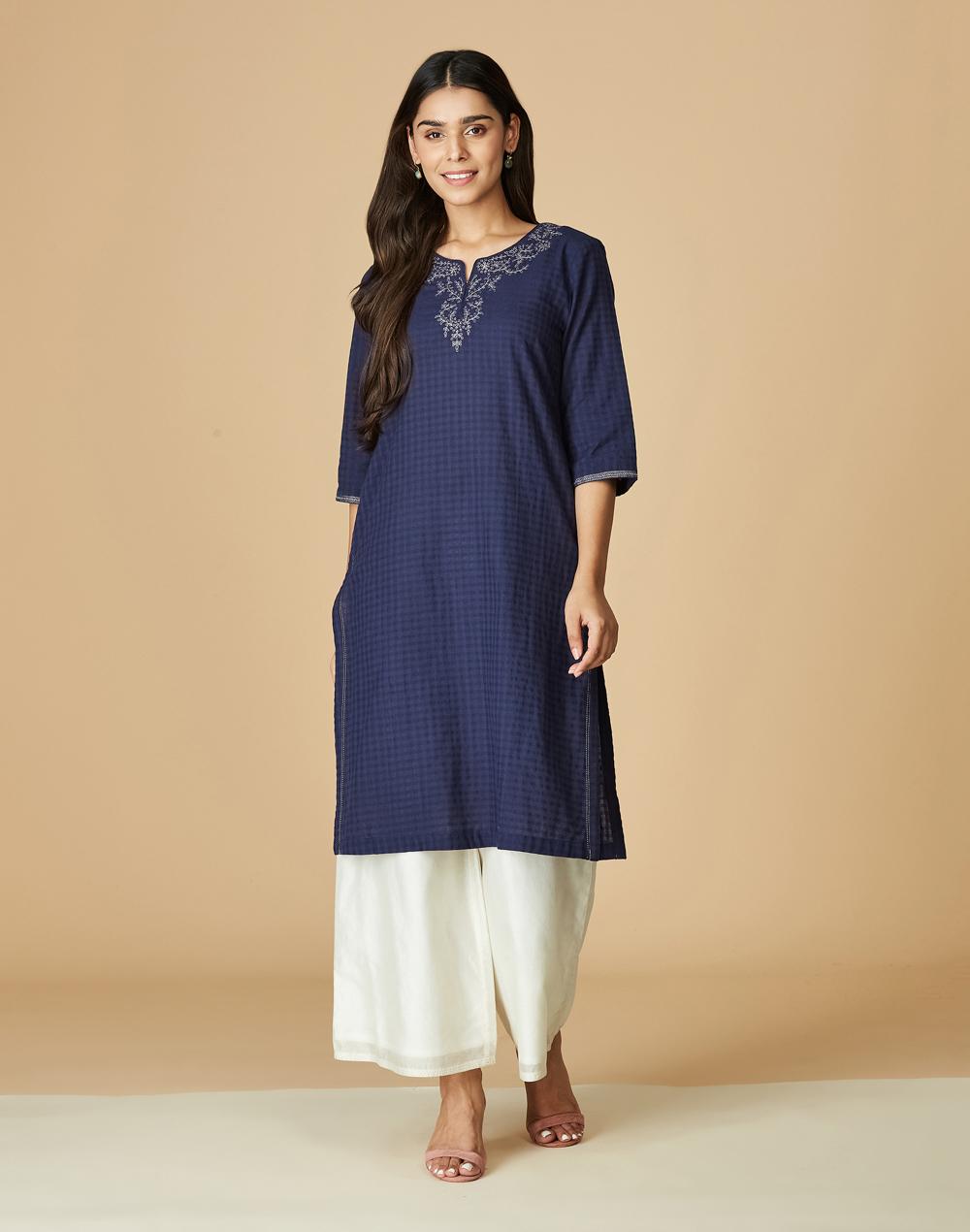 navy cotton embroidered knee length kurta