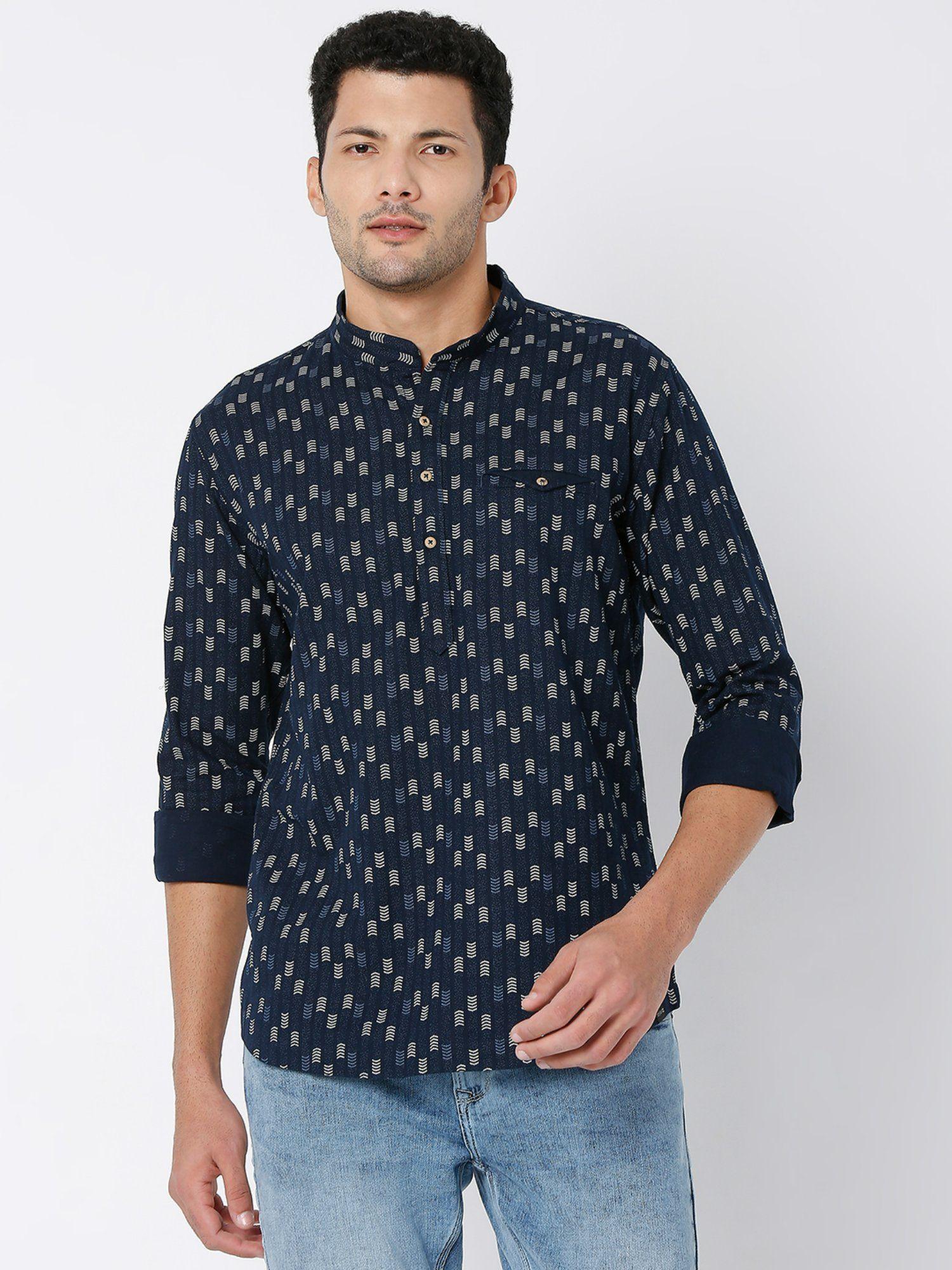 navy cotton full sleeve printed kurta for men