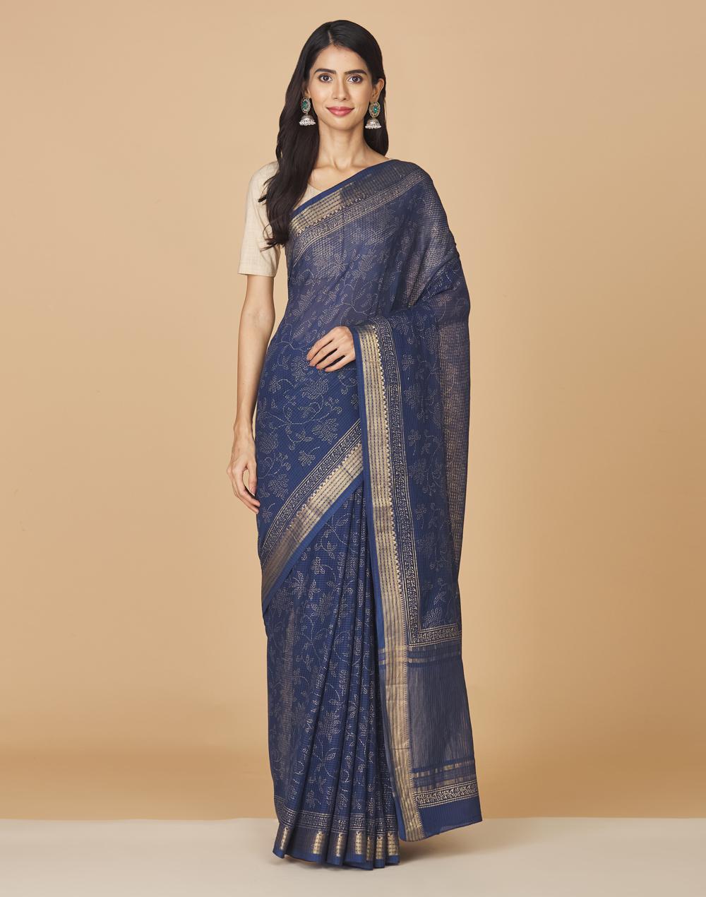 navy cotton hand block printed sari