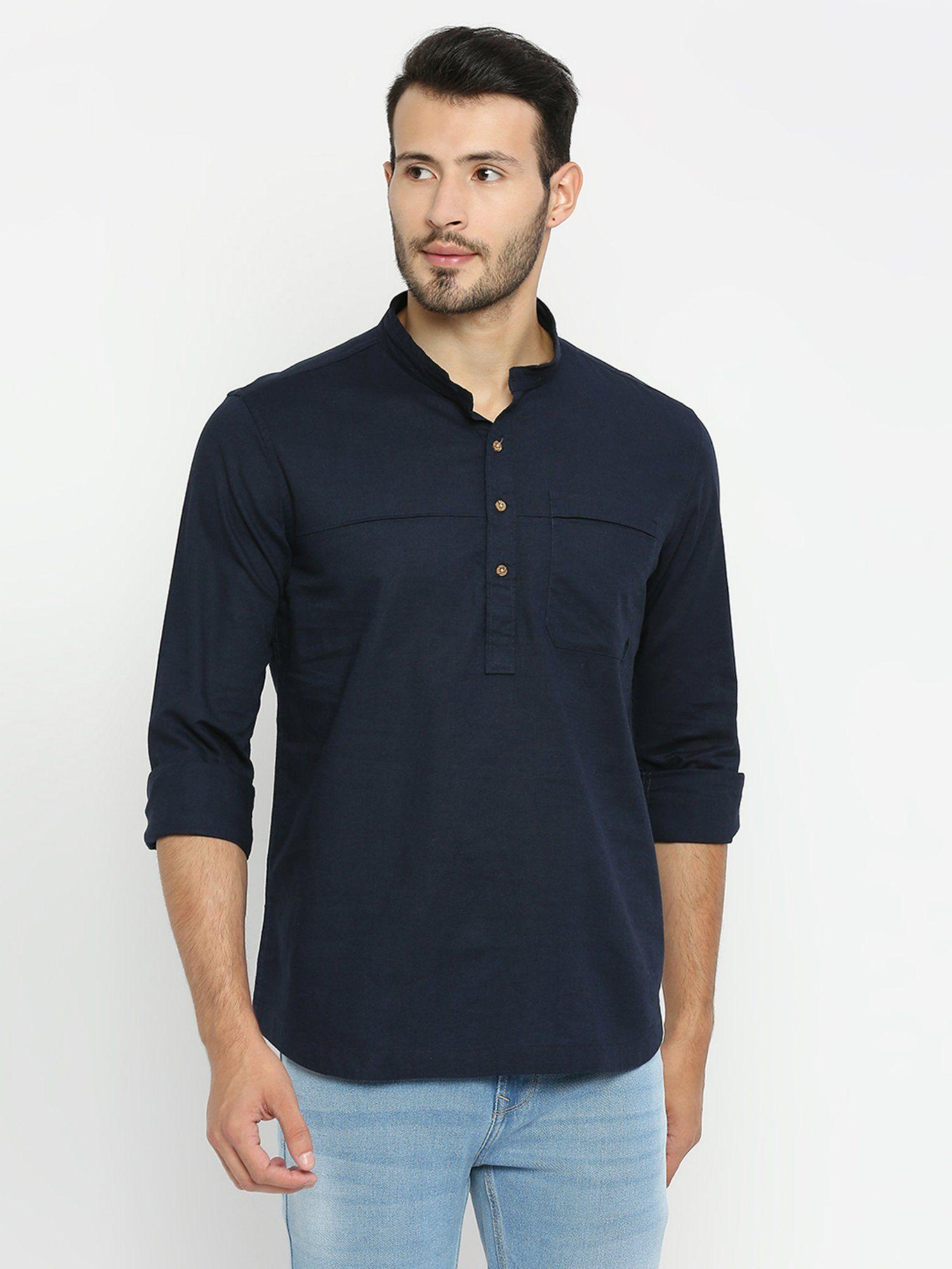 navy cotton linen full sleeve plain kurta for men