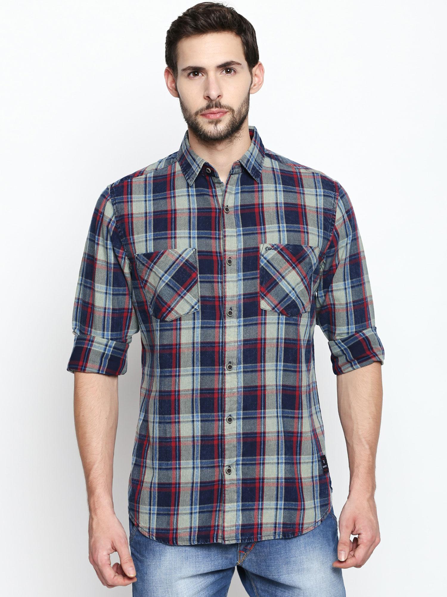 navy cotton long sleeves checked shirt for men
