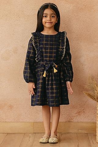 navy cotton lurex printed dress for girls