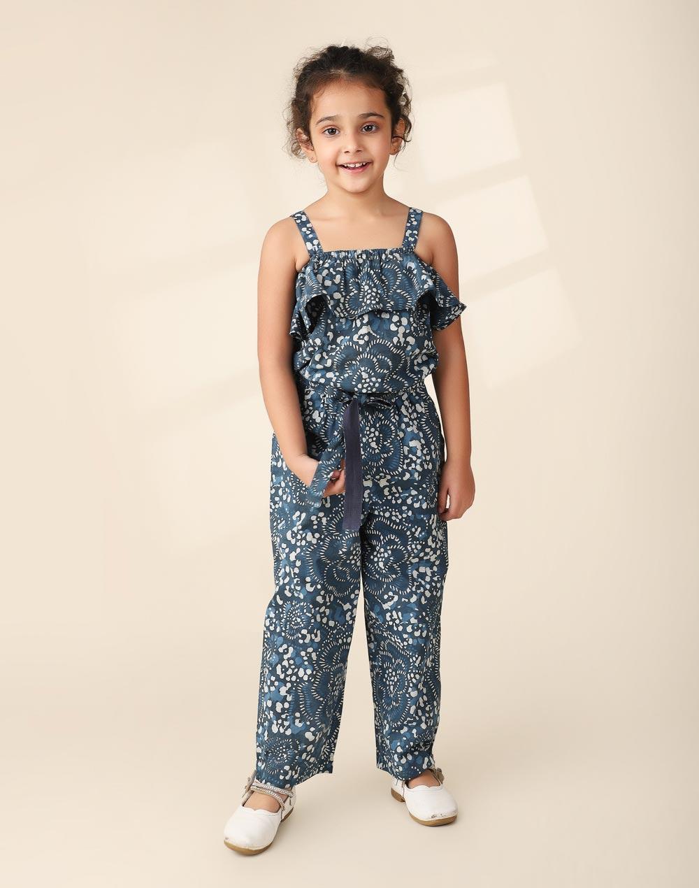 navy cotton printed straight jumpsuit
