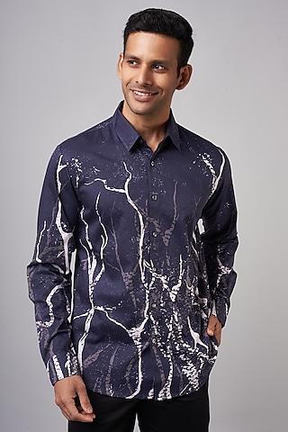 navy cotton satin printed shirt