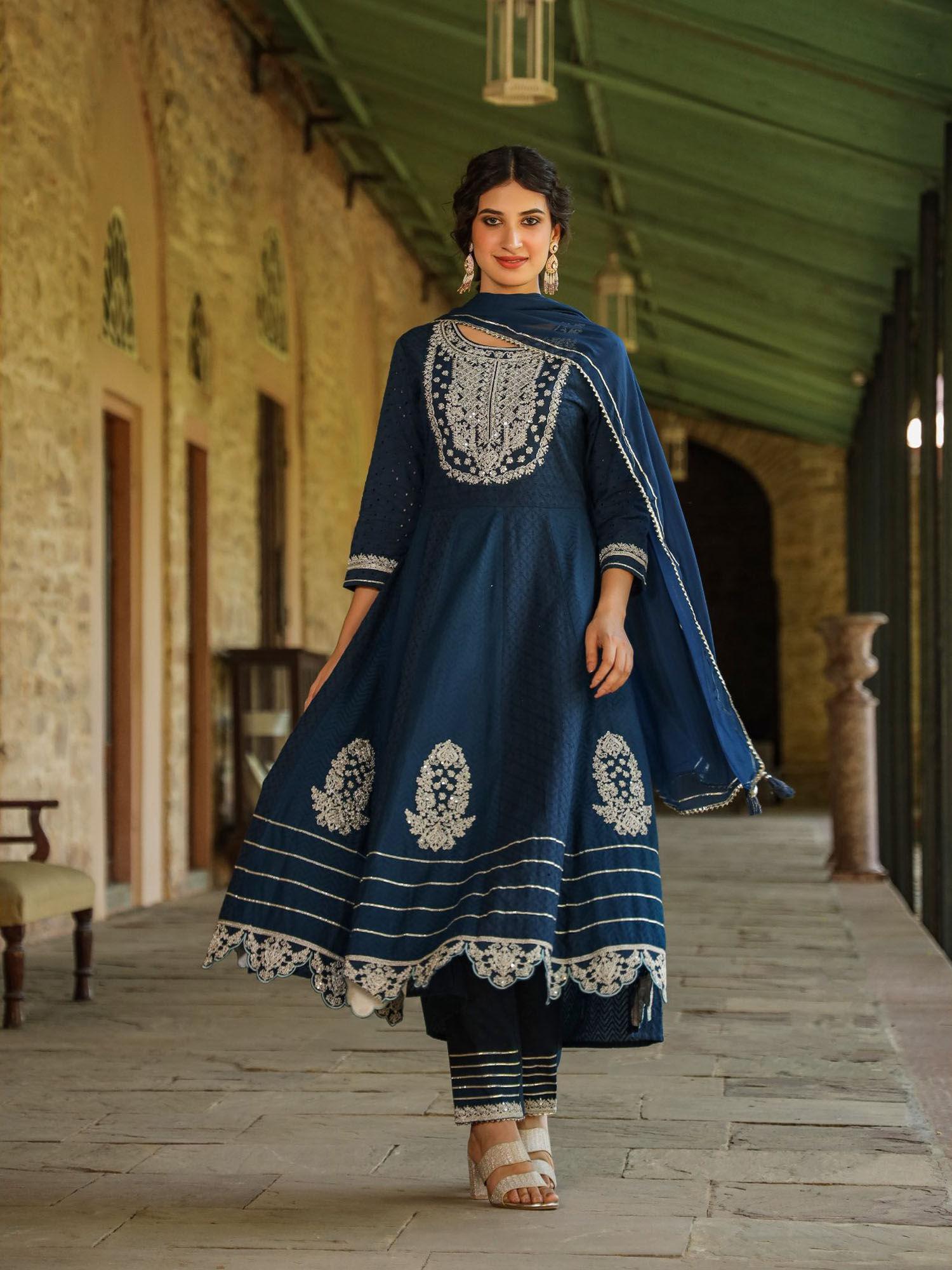 navy cotton schiffli embridered anarkali suit (set of 3)