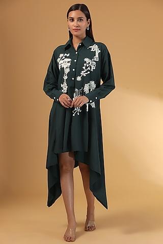 navy cotton silk embroidered shirt mini dress
