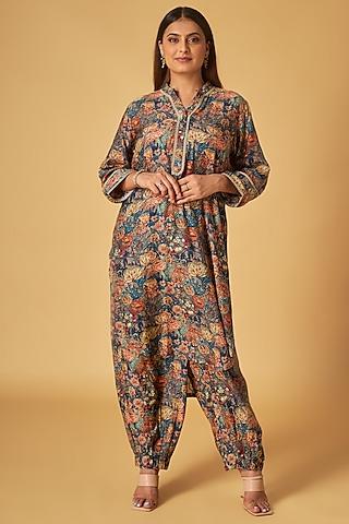navy cotton silk floral printed tunic set