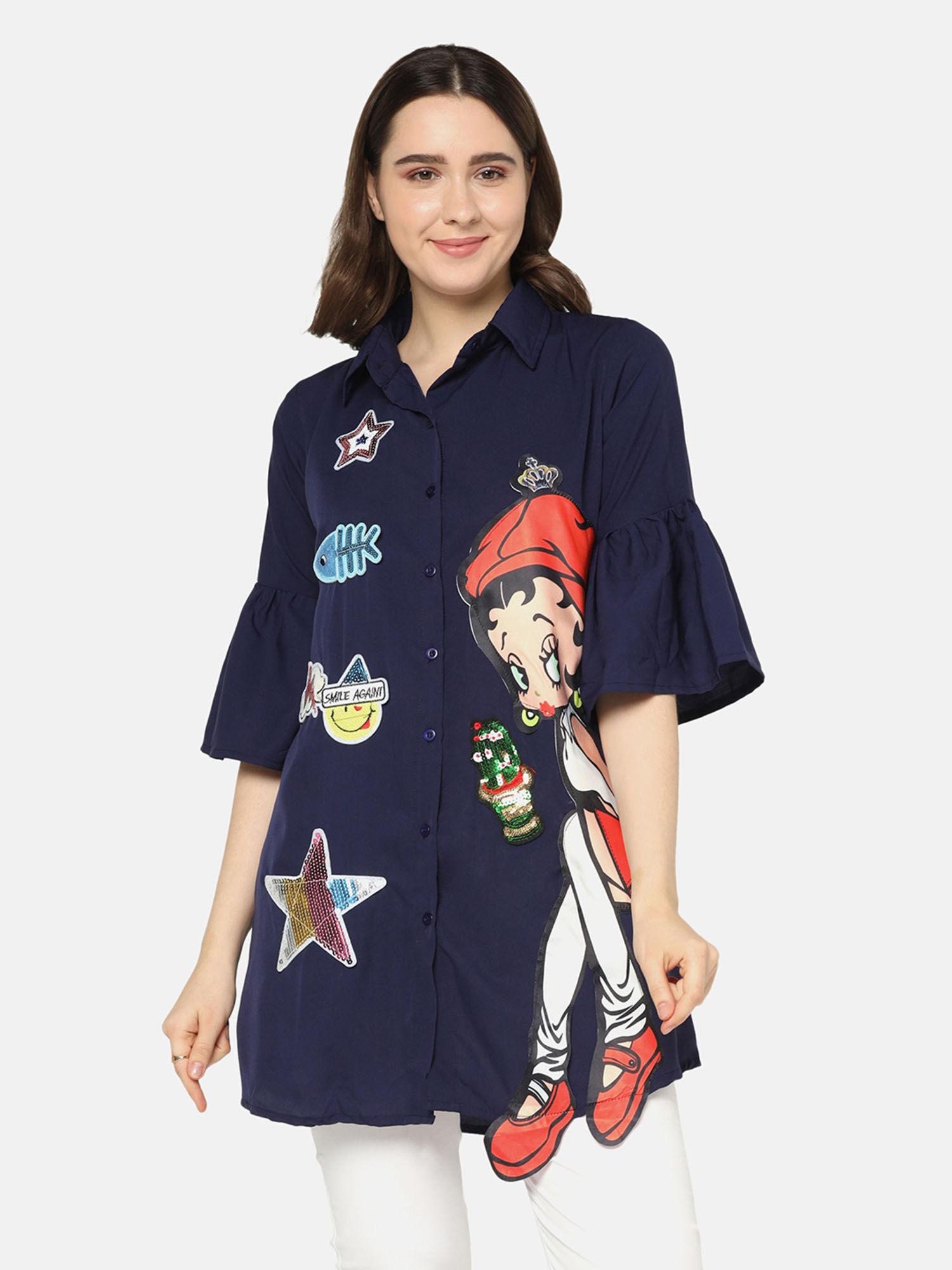 navy crepe embroidered print women long shirt