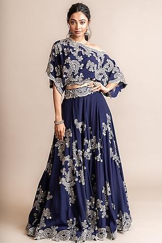 navy crepe hand embroidered lehenga set