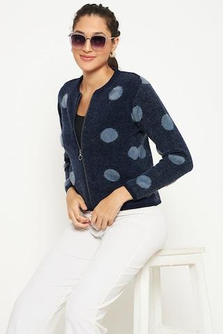 navy dots casual full sleeves crew neck women slim fit cardigan