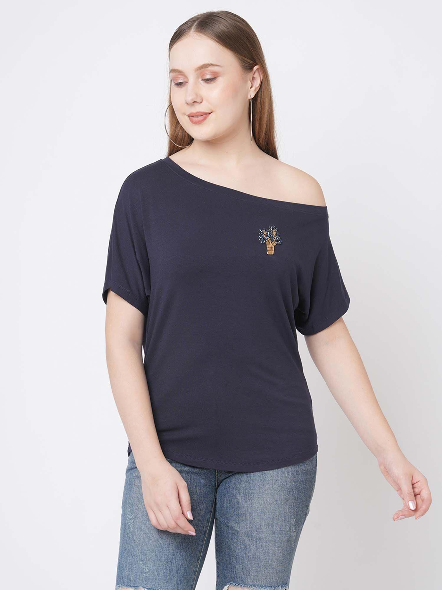 navy drop shoulder embellished placement t-shirt