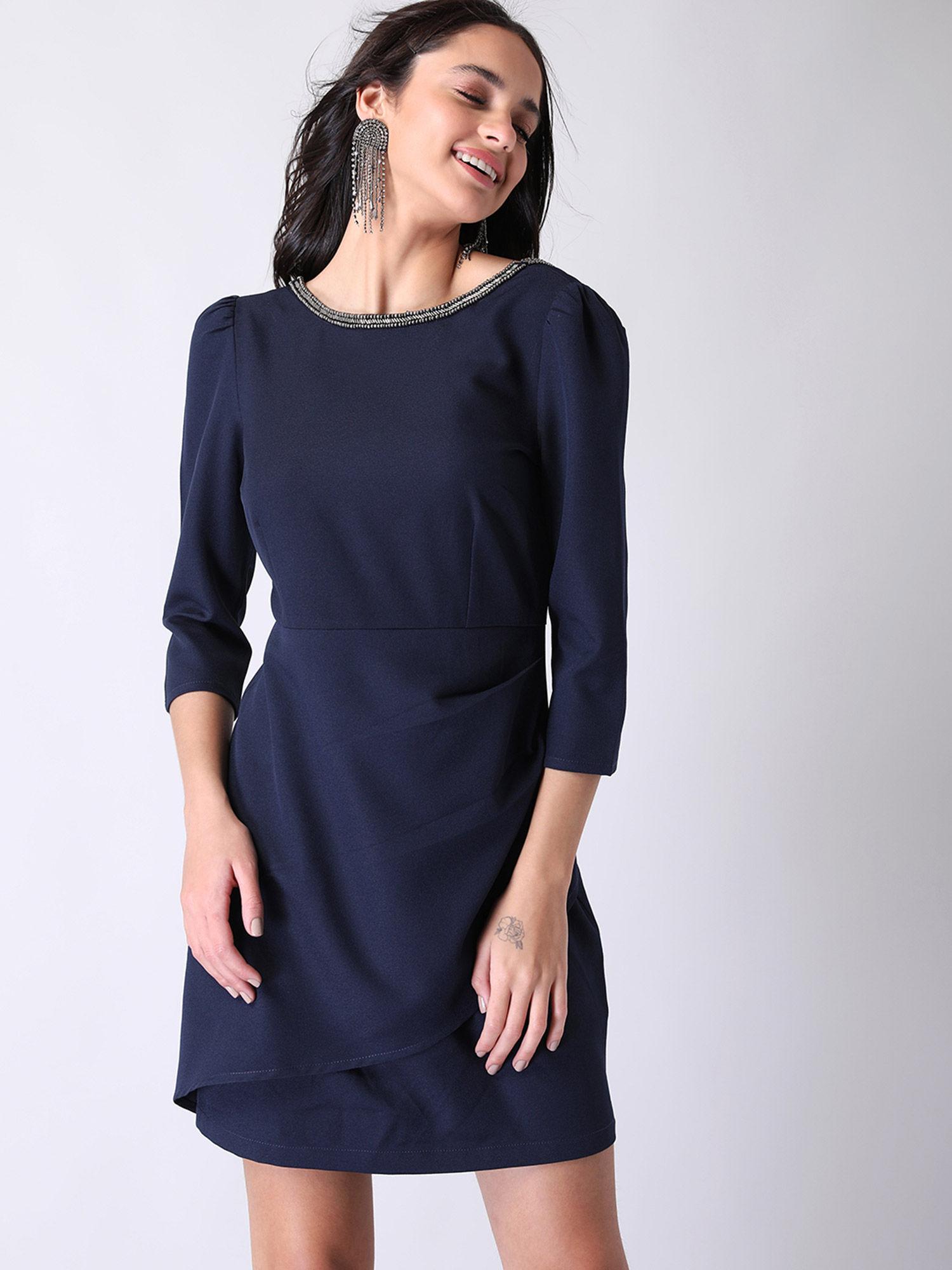 navy embellished neck bodycon dress