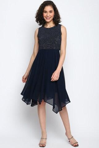 navy embellished round neck party knee length sleeveless women classic fit dress