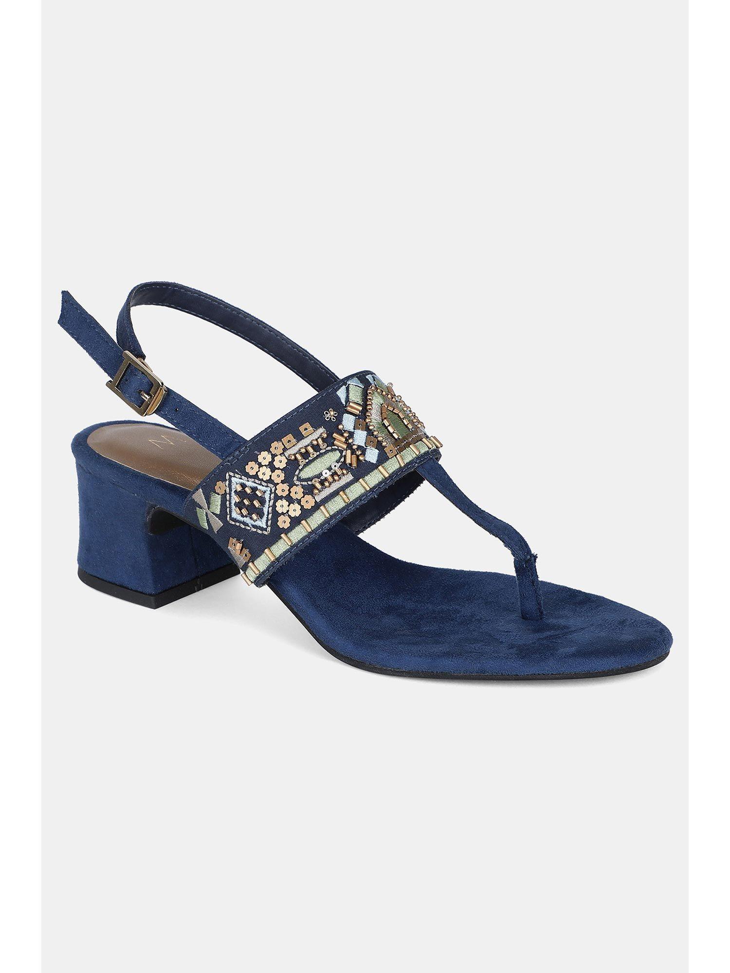 navy embroidered almond toe block heel