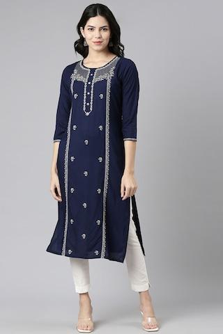 navy embroidered calf-length casual women straight fit kurta